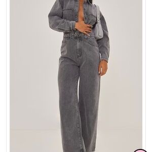 Washed Grey Cargo Pocket Shoulder Padded Denim Jumpsuit